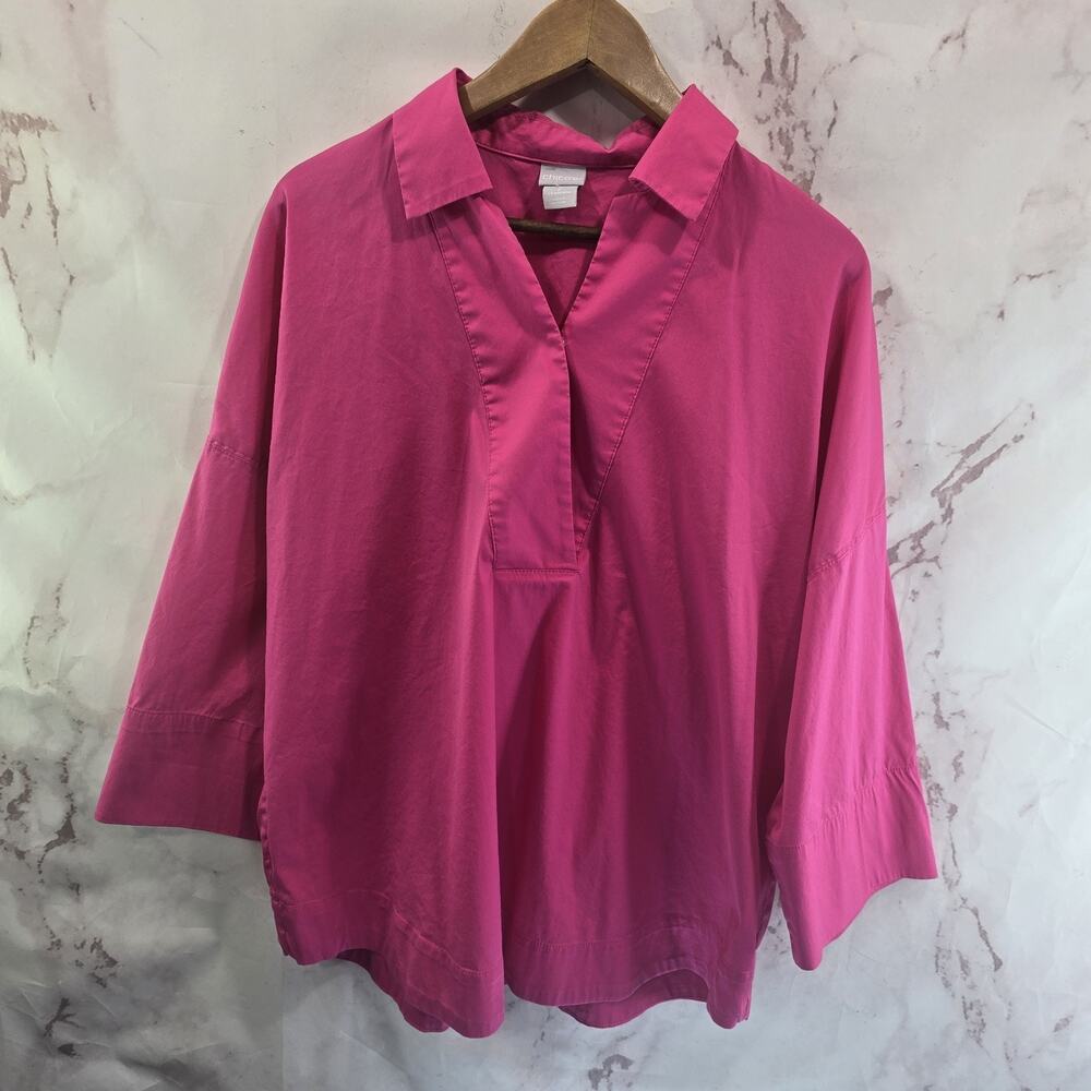 Chicos Shirt Womens 2 Large Hot Pink Poplin V Notch Collared Popover